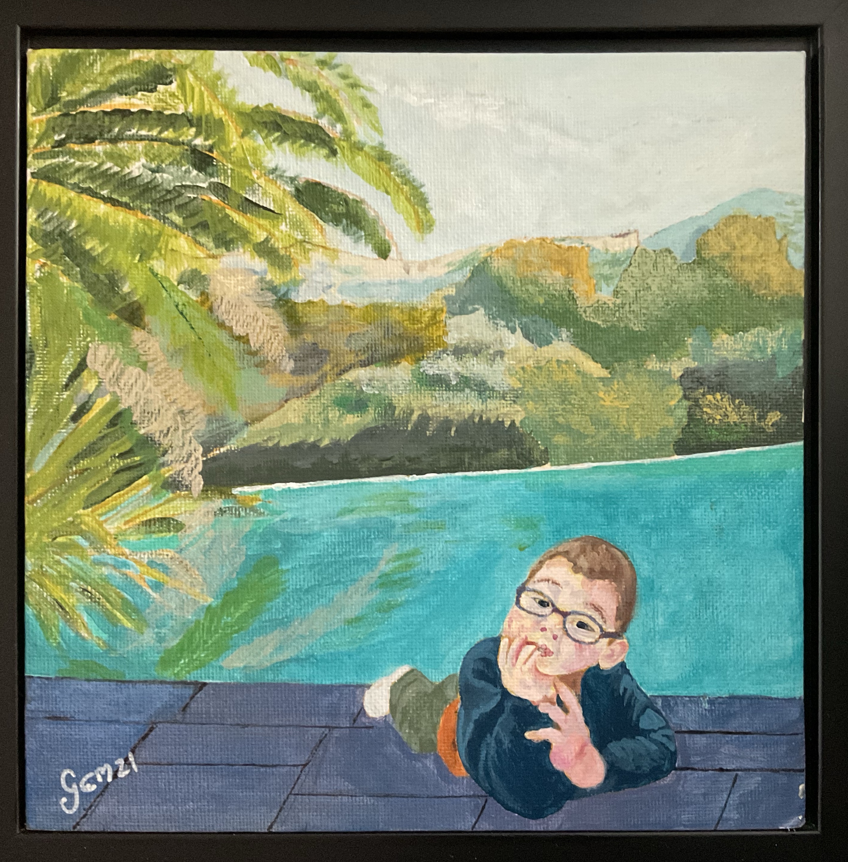 Guillaume pense - Petit garçon allongé bord de piscine