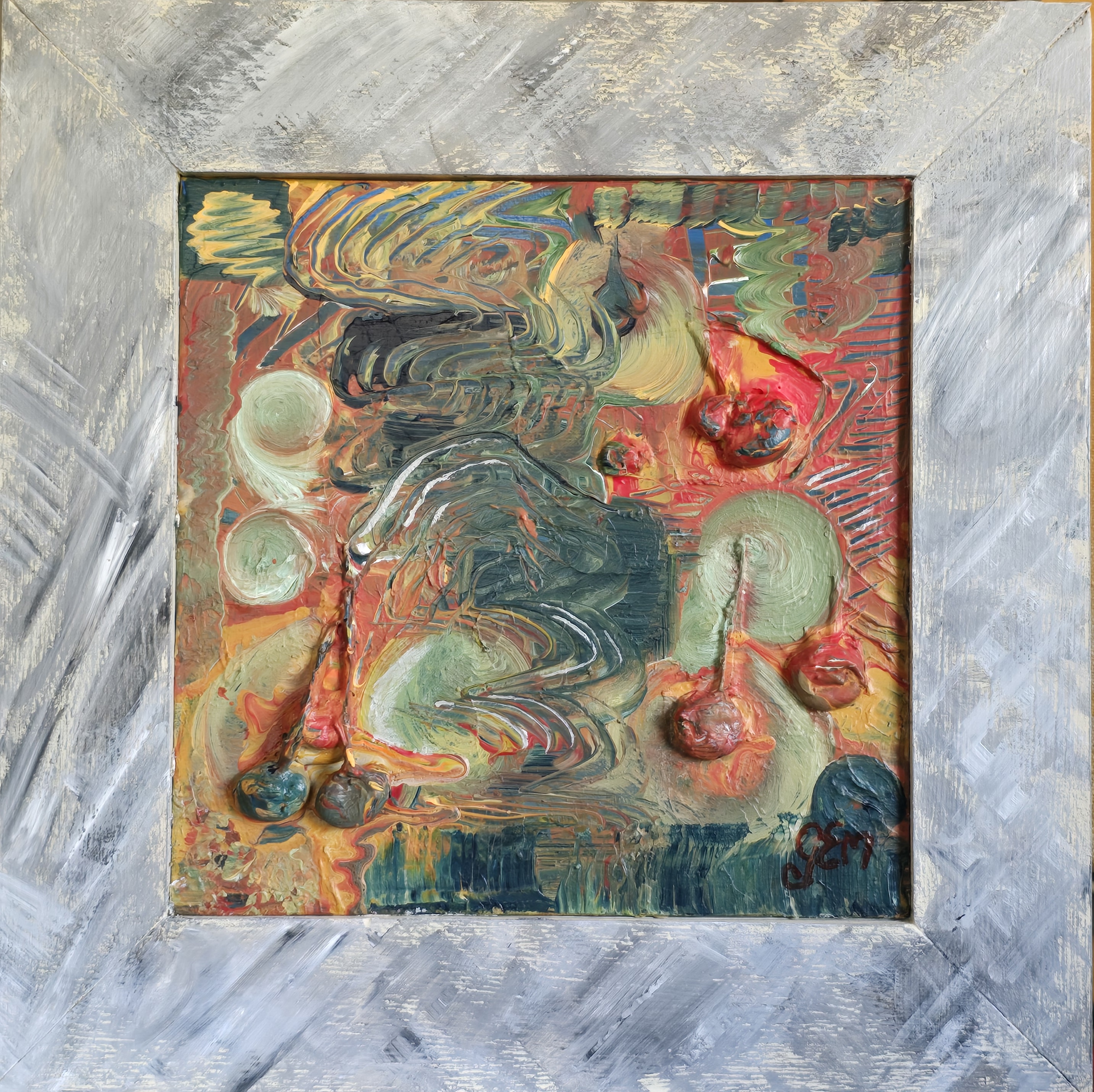 Red and green abstraction painted with wooden frame