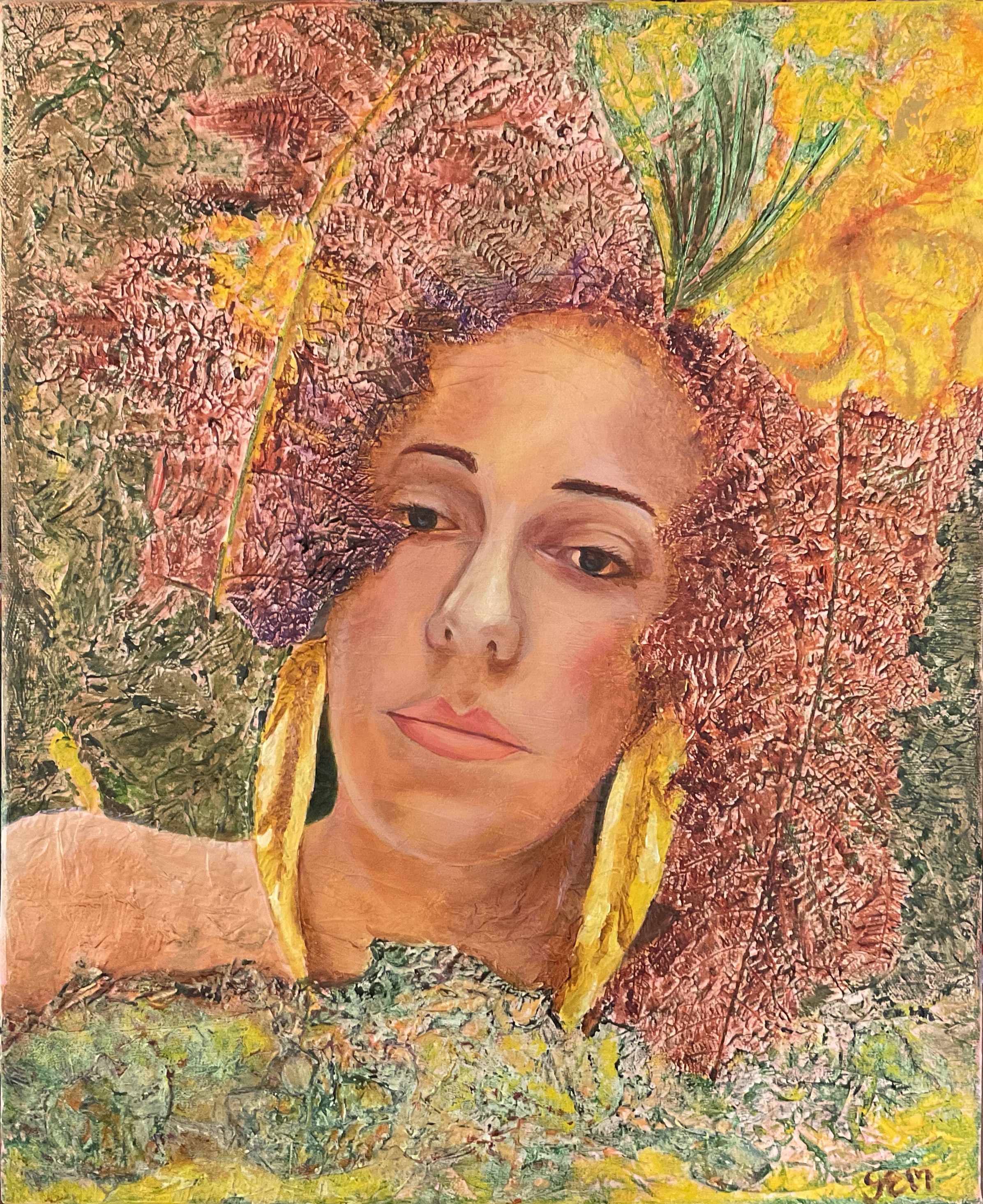 Bust of a woman, foliage, flower