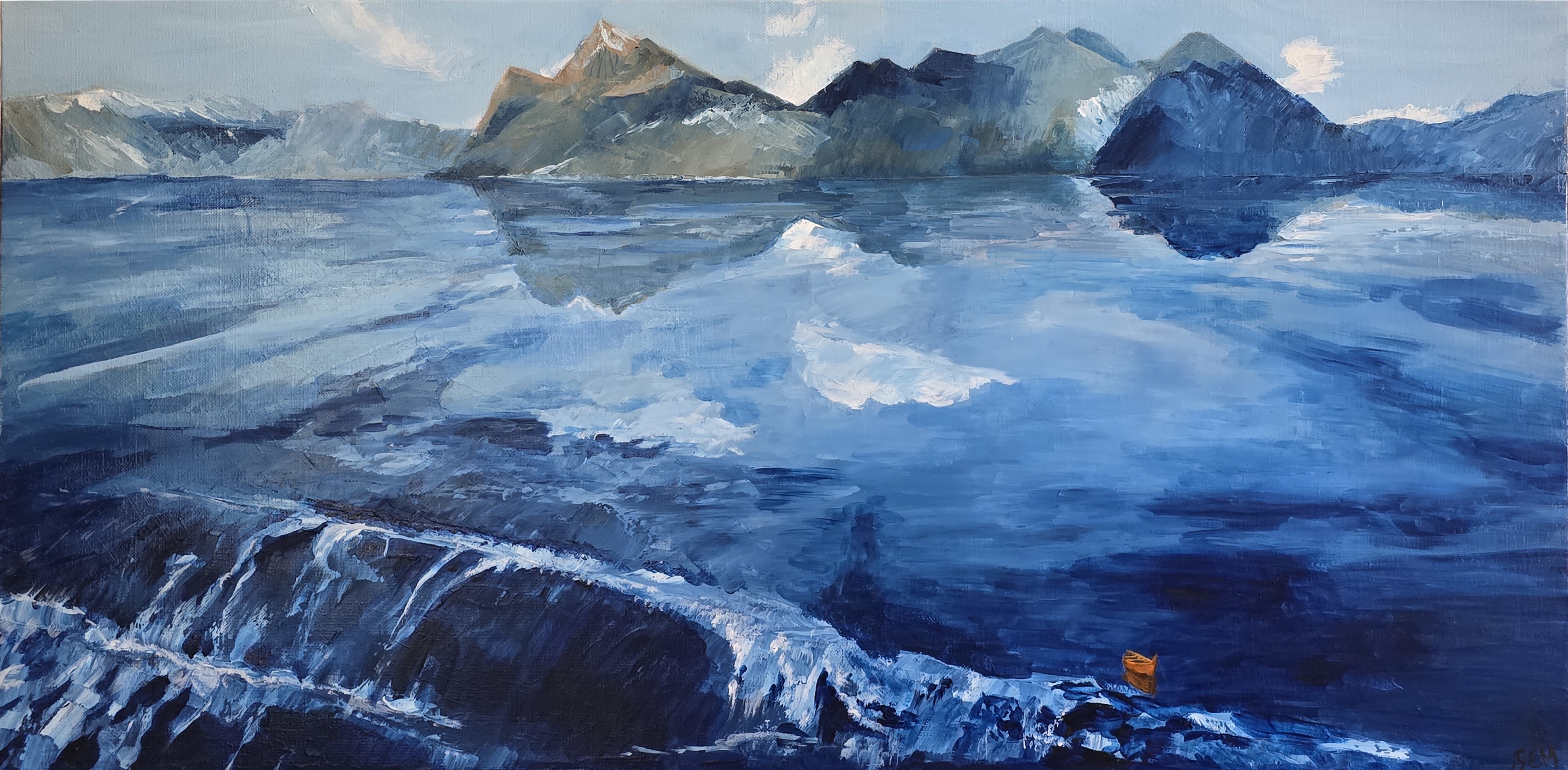 Arctic landscape. Lake, waterfalls, mountains and lonely boat