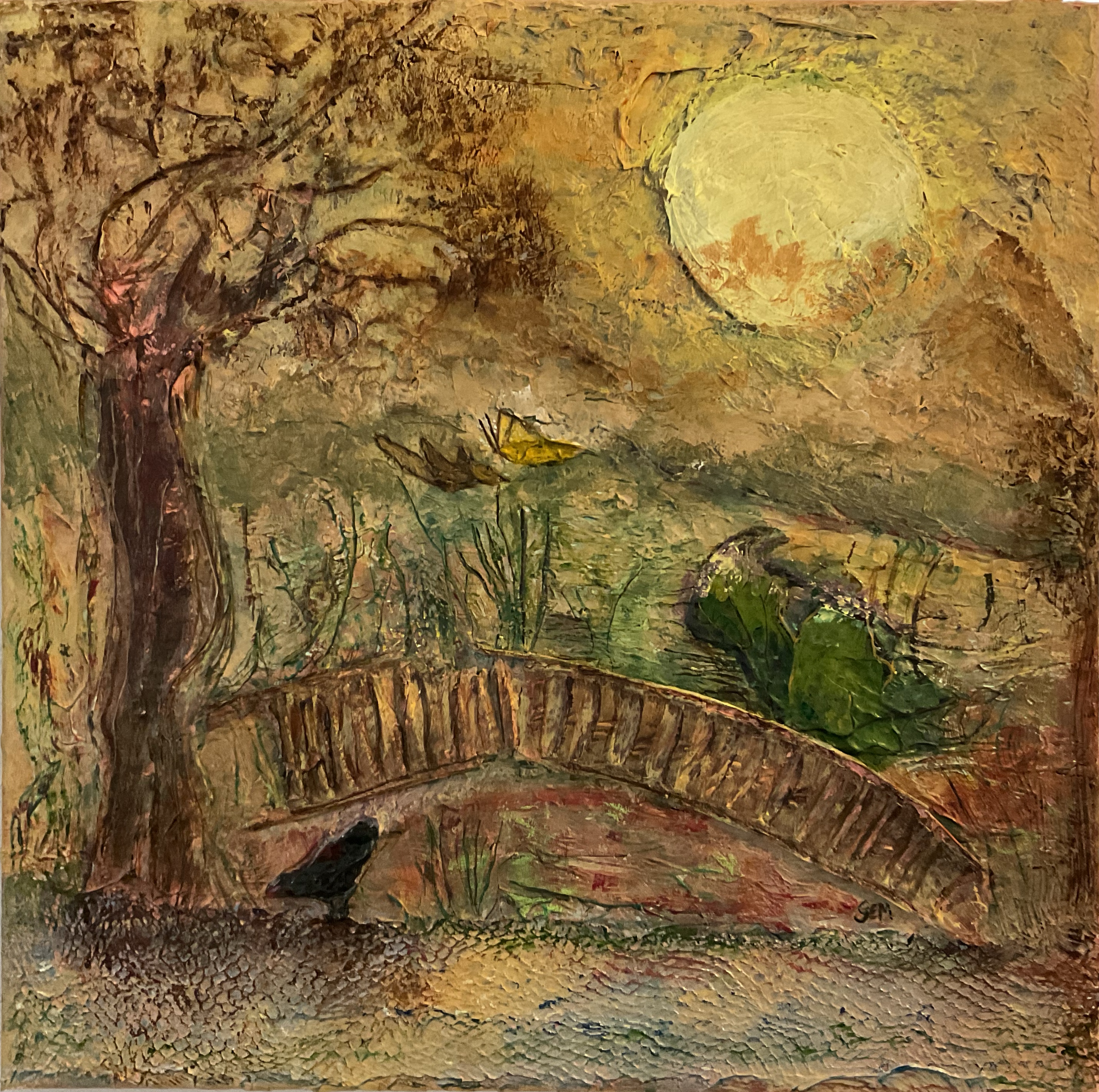 Paysage imaginaire. Grand soleil jaune, arbre, animaux, passerelle et ruisseau