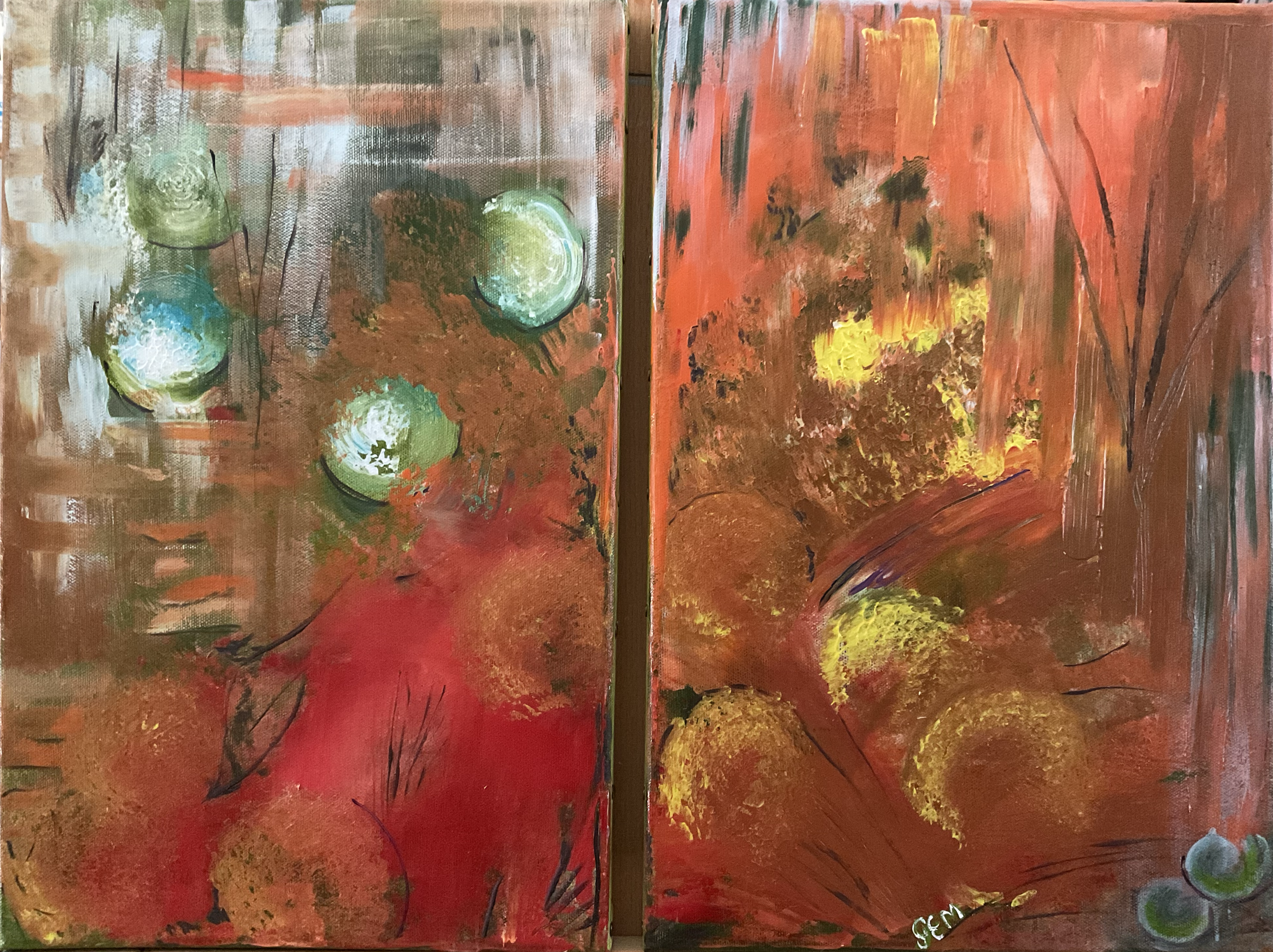 Diptyque abstrait Rouge Orangé